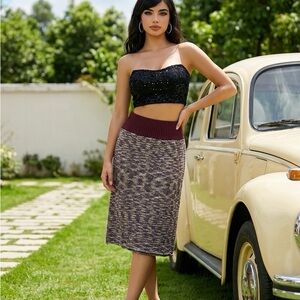 Cristi Conway Hand Knit Rib-Waist Midi Skirt in Burgundy Mix